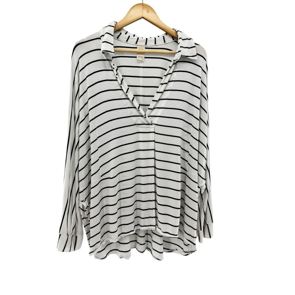 We The Free Pull On Top Jersey Knit White Navy Stripe Spit Front Oversized‎ L
